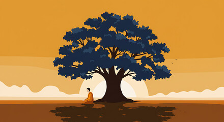 Monk meditating peacefully under a large ancient tree at sunset.