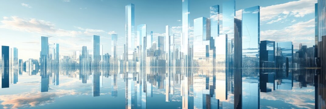 A city skyline is reflected in the water