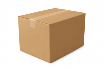 Realistic closed cardboard box sealed with adhesive tape, isolated on transparent background, ideal for delivery and shipping concepts
