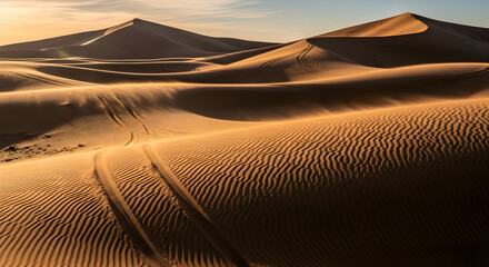 golden hour desert dunes landscape with vehicle tracks