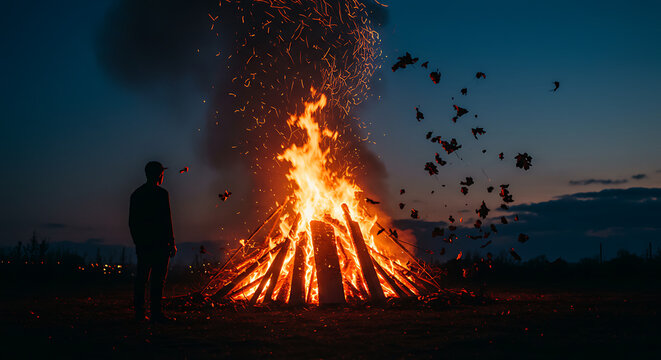 Large bonfire burning brightly at dusk with a lone figure observing.