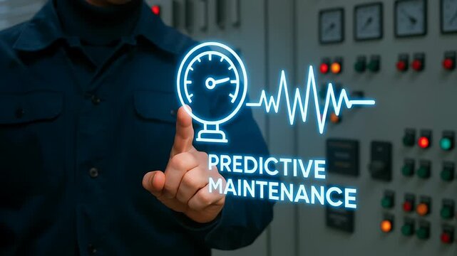 Predictive maintenance concept for industrial equipment monitoring and control with engineer pointing at digital gauge and heartbeat line system