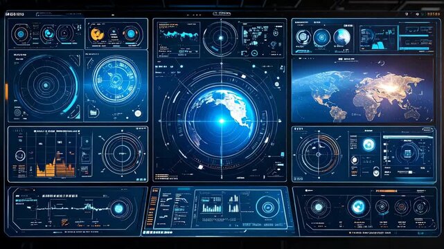 Futuristic blue HUD interface showing planet Earth and global data visualizations, control panel with complex scientific charts and graphs.