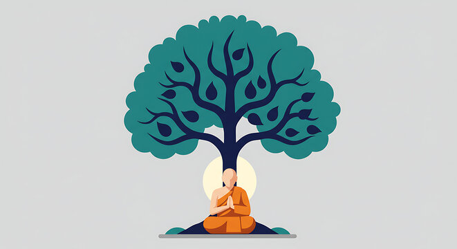 Buddhist monk meditating peacefully under the Bodhi tree.