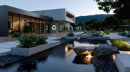 A sleek, modern house showcases eco-conscious design with a welcoming garden, water features, and illumination blending harmony between nature and structure for a sustainable lifestyle.