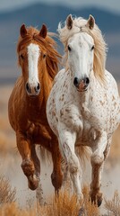 Obraz premium Horses running in a desert landscape under a clear sky during the golden hour with mountains in the background