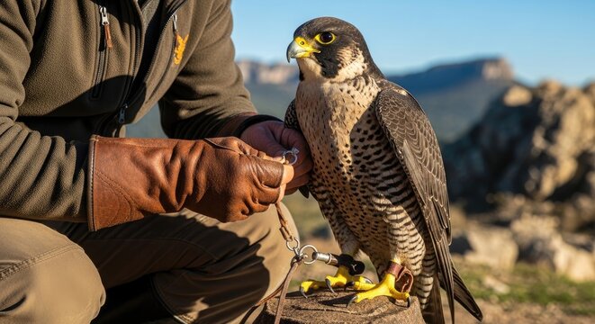 A person holding a peregrine falcon on a rocky outcrop with mountains in the background.