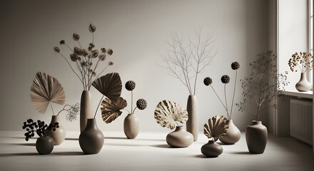Arrangement of diverse beige ceramic vases holding stylized botanical forms, creating a sophisticated and tranquil home decor scene bathed in gentle, diffused daylight.