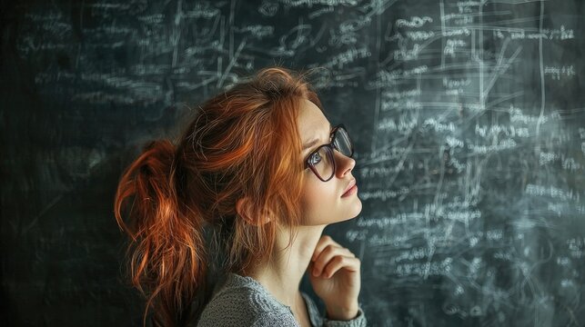 A young woman with red hair and glasses standing in front of a chalkboard filled with mathematical equations.