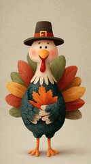 Whimsical turkey character with autumn leaves and a pilgrim hat for seasonal celebrations
