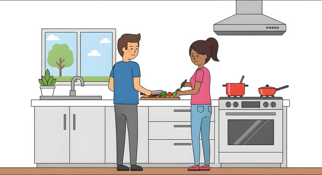 Couple Cooking Together in a Bright Kitchen Preparing Meal - Powered by Adobe