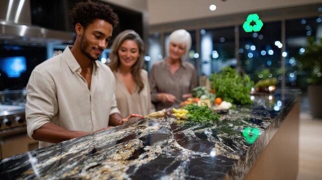 A modern kitchen scene with chefs skillfully preparing fresh vegetables and herbs on a beautiful granite countertop, showcasing collaboration and culinary creativity.