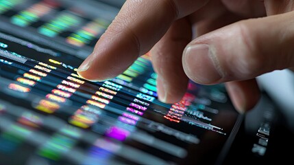 Fototapeta premium A finger touching a colorful digital screen with financial data.