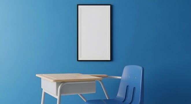 An empty classroom setting featuring a wooden desk and a blue plastic chair positioned before a vibrant blue wall. A blank, framed picture hangs centrally on the wall, awaiting content. - Powered by Adobe