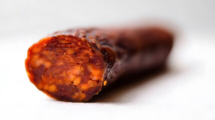 Close up macro shot of a sliced Spanish chorizo sausage.