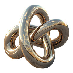A shiny metal trefoil knot sculpture with intricate reflections on a black isolated background