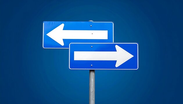 Two directional signs, one pointing left and the other right, against a deep blue backdrop, present a choice concept.