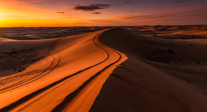 golden sunset over desert dunes with tire tracks