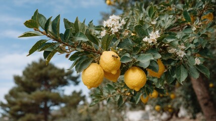 Vibrant image capturing the beauty of lemons on a tree with green foliage and blue sky
