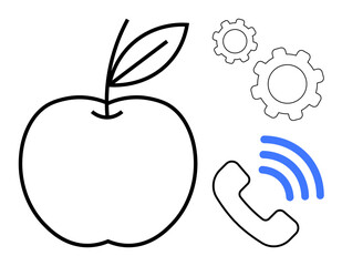Apple with leaf, blue signal bars, phone receiver, and gear icons. Ideal for health, technology, communication, innovation, problem-solving education simple landing page