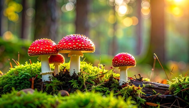 Three vibrant red toadstools with white stems stand out against a bed of green moss and a blurred forest backdrop, bathed in warm sunlight.