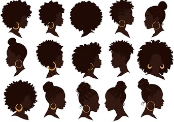 Silhouettes of african american women with different hairstyles and earrings