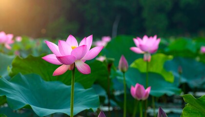 Fototapeta premium Pink lotus flowers in a sunlit pond