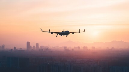 Military drone flying over the city during a scenic sunset