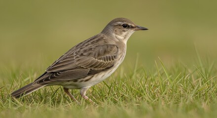 A small bird with brown and white feathers perched on green grass with a blurred green background.