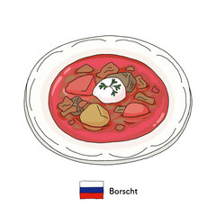ロシア料理　ボルシチの線画イラスト
