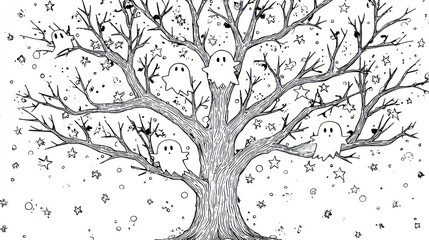 Fototapeta premium Whimsical drawing of a tree with ghosts and stars, perfect for coloring