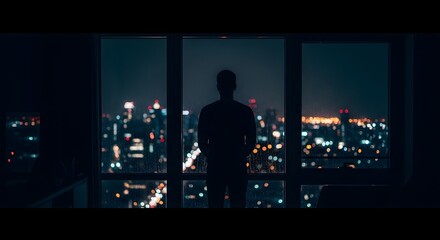 A lonely man contemplates the vibrant city lights from his high-rise apartment window