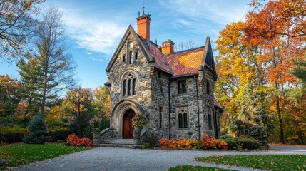 A historic stone building with a red roof and orange shutters, surrounded by autumn foliage, with a pathway leading up to the entrance.