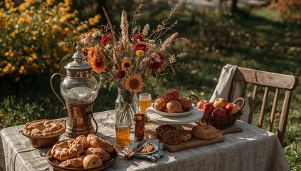 Rustic autumn tea table in the garden with vintage samovar, apples, pies, cookies and flowers