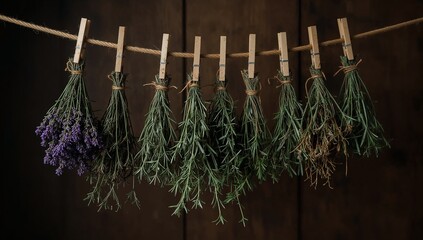 Rustic herbal still life with bundles of dried herbs hanging on rope