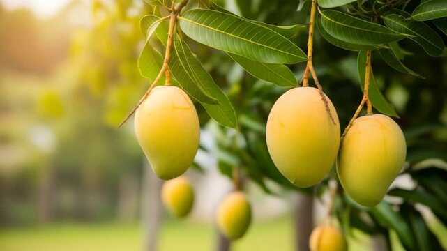 Ripe yellow mangoes hanging from a lush green tree in a sunny orchard, ready for harvest.