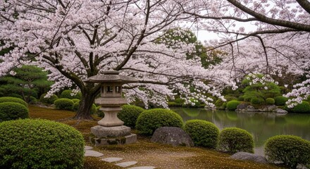 A serene Japanese garden with cherry blossom trees and a stone lantern, surrounded by green shrubs and a pond.