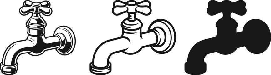 Three taps in different styles line art and silhouette