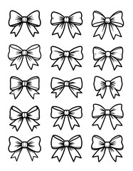 Collection of various decorative bows, outlined in black, presented in a grid format.
