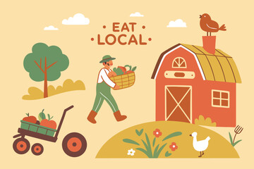 Naklejka premium Farmer carrying basket of produce near red barn with bird on chimney and cart of apples vegetables