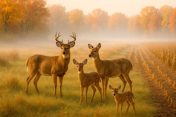 Naklejka premium Family of Deer in Misty Autumn Meadow