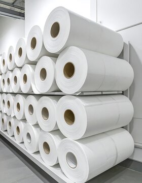 Rolled white material stacked on shelves