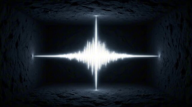 White sound wavelike graphic in a dark rough square space Light radiates from points on walls floor and ceiling