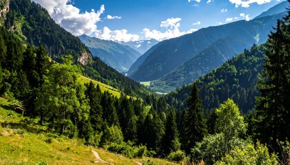 Fototapeta premium A vibrant mountain vista showcases lush greenery cascading down sloping hillsides, revealing a valley nestled amidst towering peaks under a clear, sunny sky.