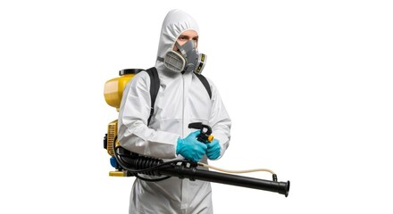 Obraz premium Man pest control worker exterminating with chemical sprayer. Professional pest exterminator protecting home from insect parasite. Home disinfection concept.