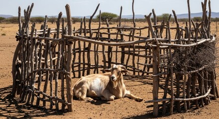 A goat resting in a wooden pen in a desert landscape.