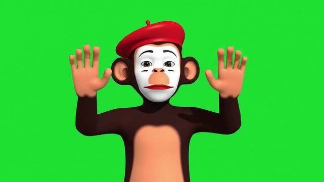 A cheerful monkey in a red beret dancing on a green screen with hands up Monkey dance dance monkey
