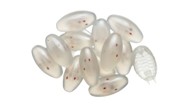Cluster of bed bug eggs with one hatched shell. Close up of parasitic insect life cycle. Pest control concept and home protection.