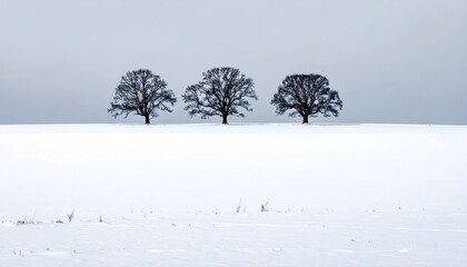 Three bare trees stand sentinel on a vast, snow-covered plain, bathed in a muted light, creating a tranquil and serene winter landscape.