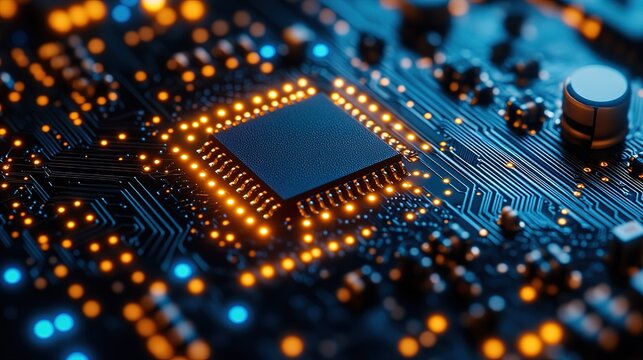 Close - up of a Circuit Board with Illuminated Chip and Electronic Components